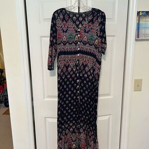 Elegant Navy Patterned Maxi Dress